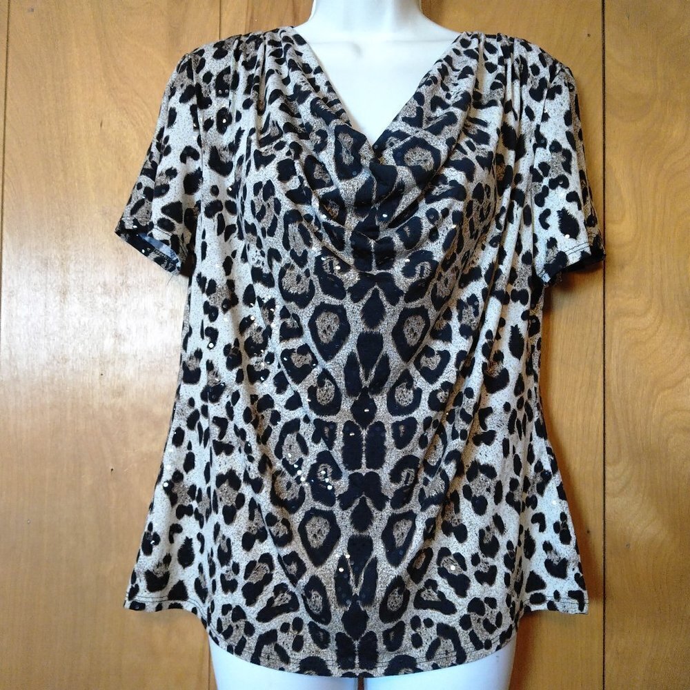 COLLECTION DRESSBARN ANIMAL PRINT COWL NECK BLOUSE WOMEN"S LARGE COLORFUL